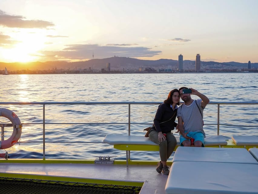Barcelona: Daytime or Sunset Catamaran Cruise with Music - A bar shaped like waves, with drinks at a cost